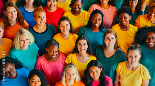 Top View of a Diverse Group of Women in Colorful Shirts: Celebrating Working Women, Feminism, and Female Empowerment. Diversity, Solidarity, multiculturalism. Women's rights. Unity. photo