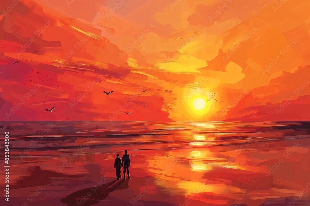 Illustrated couple walks hand in hand, enjoying a spectacular sunset with vibrant orange hues reflected on tranquil sea waters Illustrated couple walks hand in hand, enjoying a spectacular sunset with vibrant orange hues reflected on tranquil sea waters