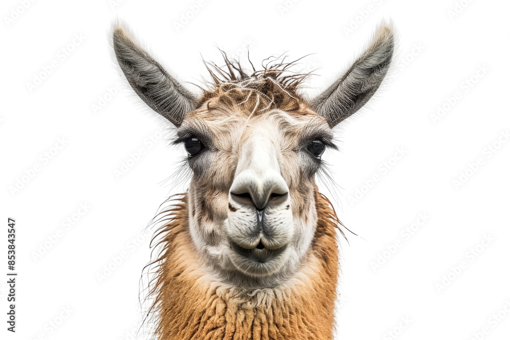 Obraz premium Close-up of a curious llama with a transparent background. showcasing the distinctive features and expressions of this unique animal.