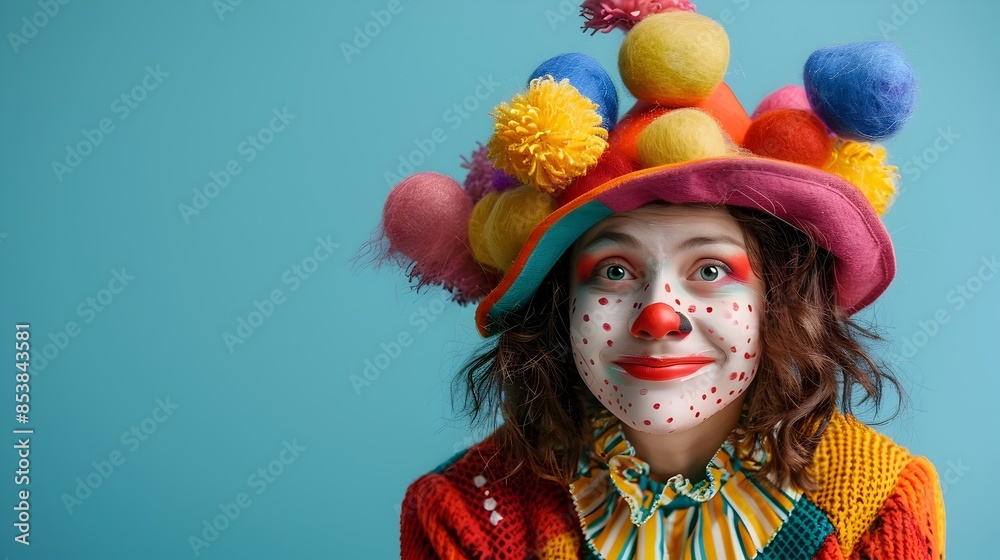 Mischievous Clown Woman Wearing Colorful Hat Against Light Blue Background Mischievous Clown Woman Wearing Colorful Hat Against Light Blue Background