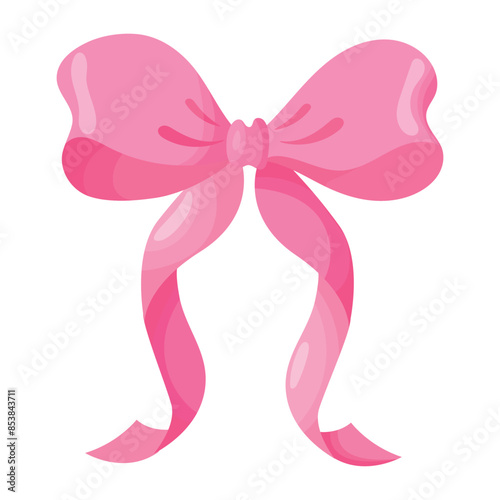Pink bow bow with long ribbons. Design element in cartoon style.