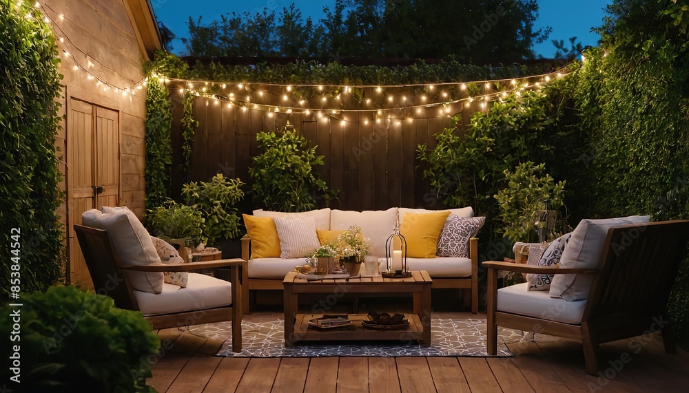 Fototapeta premium The outdoor patio is lit with a fire pit and wicker furniture