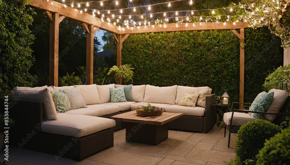 Fototapeta premium The outdoor patio is lit with a fire pit and wicker furniture