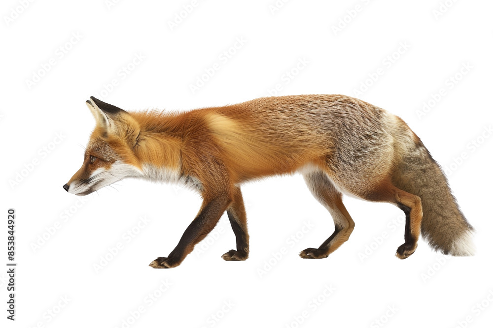 Fototapeta premium Graceful red fox on the move, isolated on a transparent background. showcasing its sleek fur and sharp features.