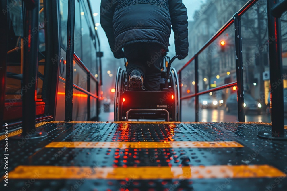 Fototapeta premium Person in wheelchair on city street night