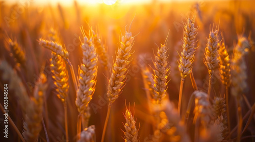 Ripe ears of wheat on a sunset agricultural field. Wheat ears on a golden field. The concept of agriculture, gardening, rich harvest.