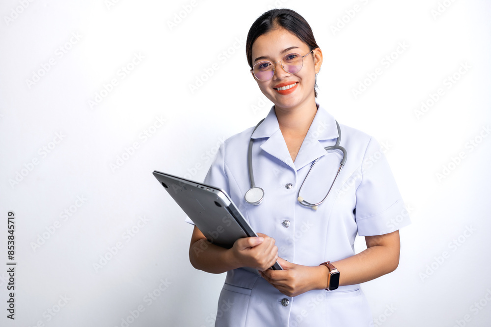 Confident young nurse in glasses with stethoscope on her shoulder holding a laptop computer isolated on white background. Confident young nurse in glasses with stethoscope on her shoulder holding a laptop computer isolated on white background.