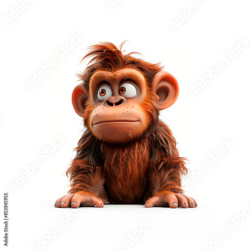 Curious Cartoon Orangutan Cub Sitting on White Background photo