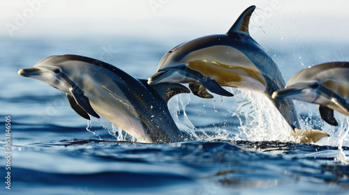 Three dolphins are leaping out of the water
