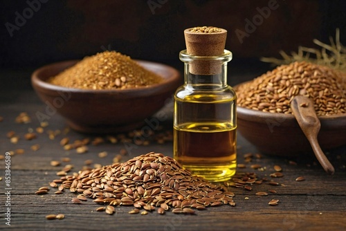 Flaxseed Oil (Linseed Oil): A dark amber bottle of flaxseed oil, with a scattering of golden flaxseeds around it.