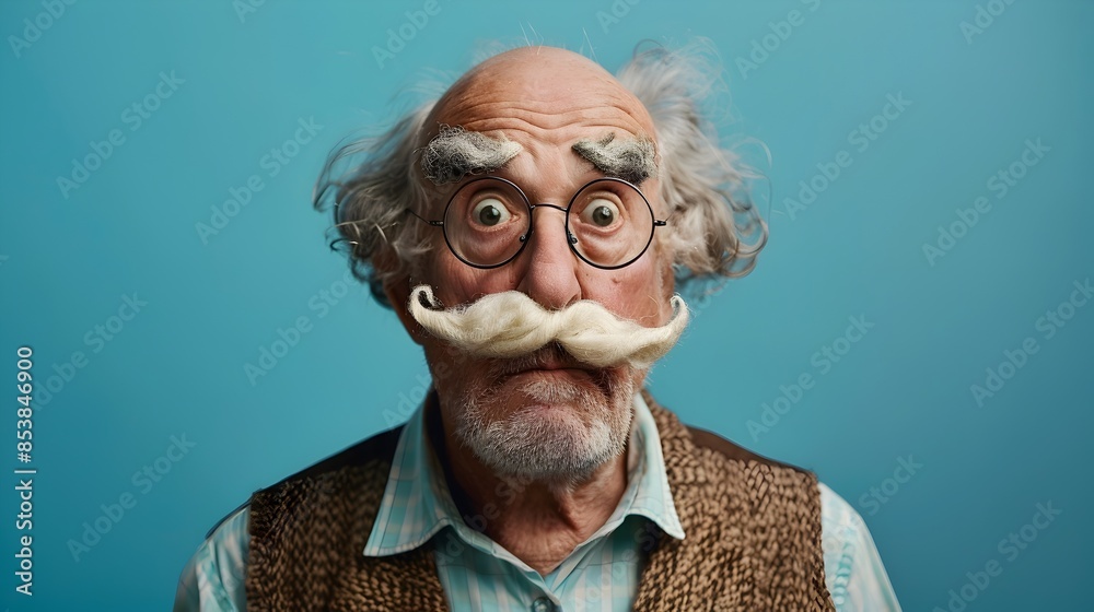 Surprised Grandpa with Comically Oversized Fake Mustache Against Solid Blue Background Surprised Grandpa with Comically Oversized Fake Mustache Against Solid Blue Background