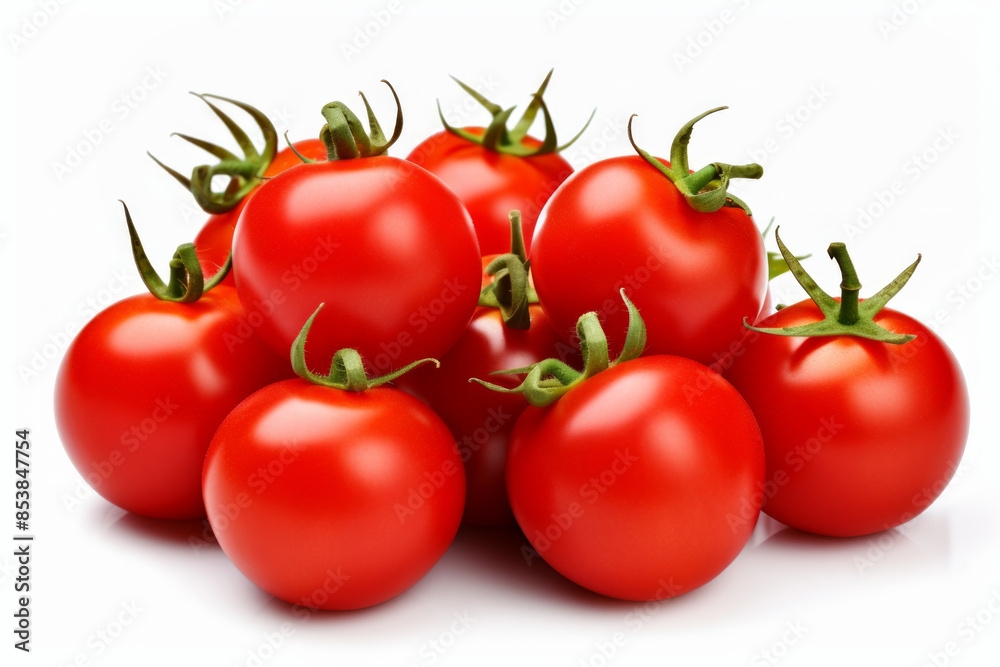 Close-up of fresh, ripe tomatoes with green stems isolated on a white background. Close-up of fresh, ripe tomatoes with green stems isolated on a white background.