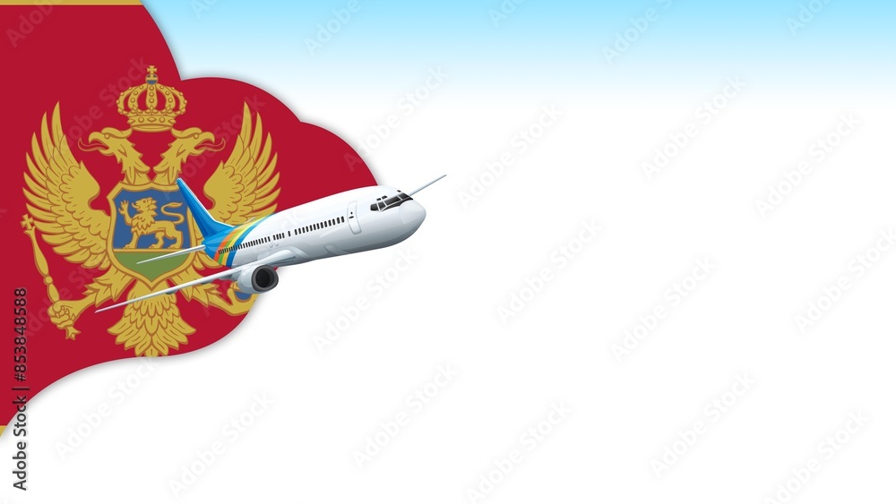 Fototapeta premium 3d illustration plane with Montenegro flag background for business and travel design