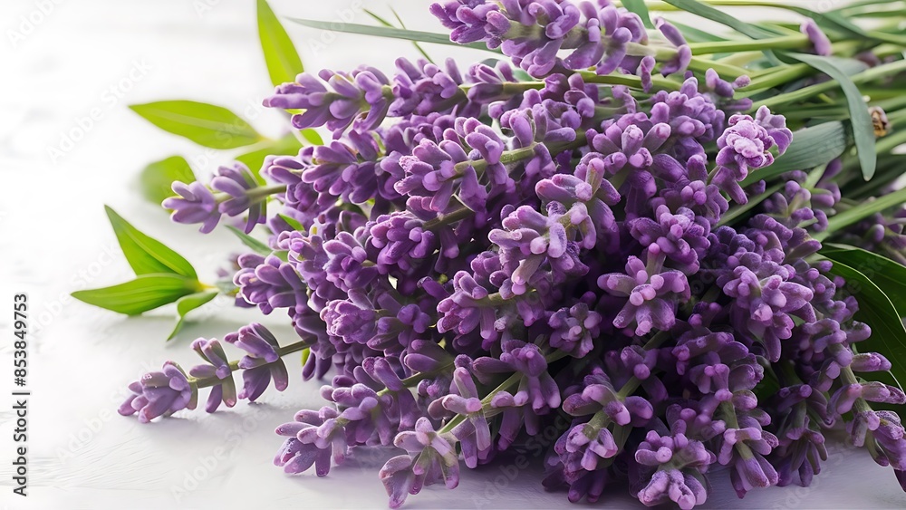 Sprigs of lavender with green leaves on a light surface background with fragrant bouquet Sprigs of lavender with green leaves on a light surface background with fragrant bouquet