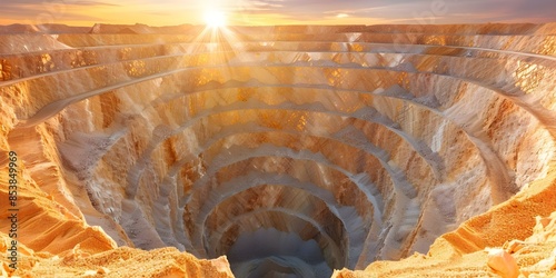 Banner for Open-Pit Gold Mining Waste Sand Earth Ore Minerals Precious Metals. Concept Gold Mining, Waste Management, Earth Minerals, Precious Metals, Open-Pit Mining photo