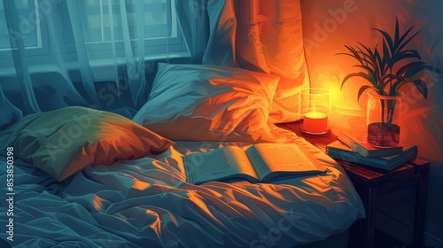 Evening Comfort with an Open Book by Bedside in a Warmly Lit Bedroom, Concept of Relaxation and Reading as a Nighttime Ritual photo