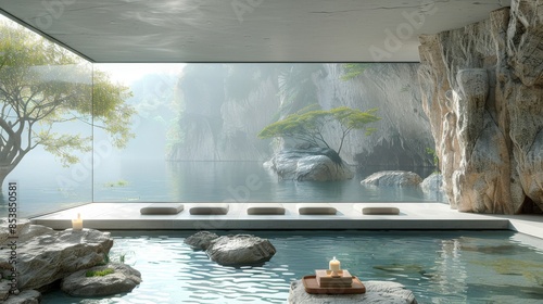 Modern Serene Spa Room with Natural Rock Formation and Calm Waters, Concept of Minimalist Design and Tranquil Retreat photo