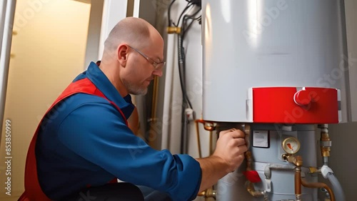 Professional Plumber Installing Modern Water Heater