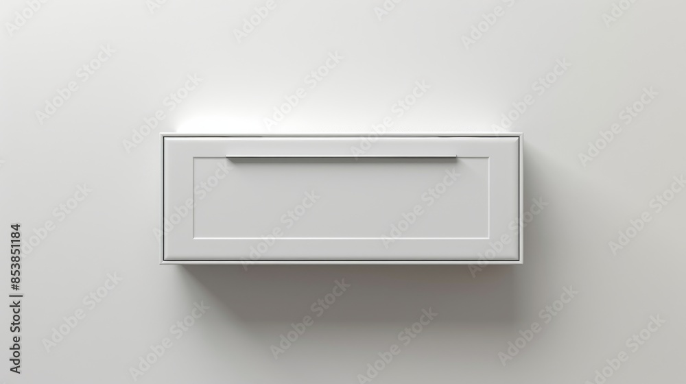 A white box with a silver handle sits on a white wall