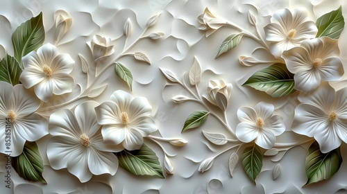 White flowers and green leaves carved in relief on a white background.