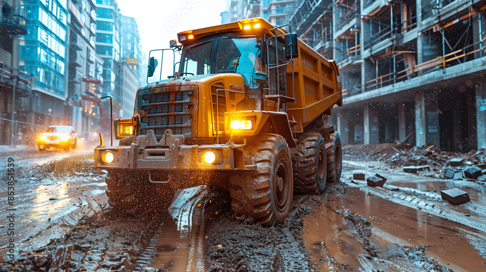 Construction vehicles at a building site. Construction vehicles at a building site.