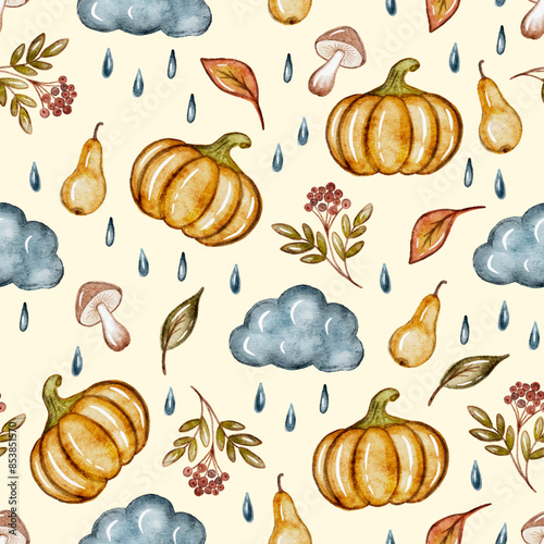 Autumnal watercolor seamless pattern with pumpkins, leaves and clouds with rain