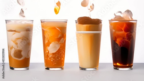 Cooling Down: Trio of Iced Latte Glasses with Ice Cubes