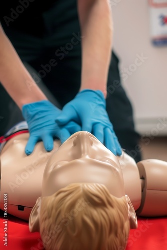 CPR Training Course. Chest compression techniques in a CPR first aid training with a dummy photo
