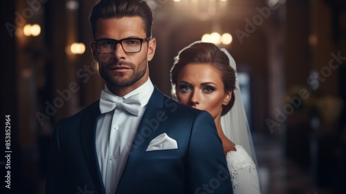 Bride and Groom isolated on background with copy space. Wedding concept with copy space. Happy bride and groom on their wedding together holding wedding bouquet. Groom and bride posing.