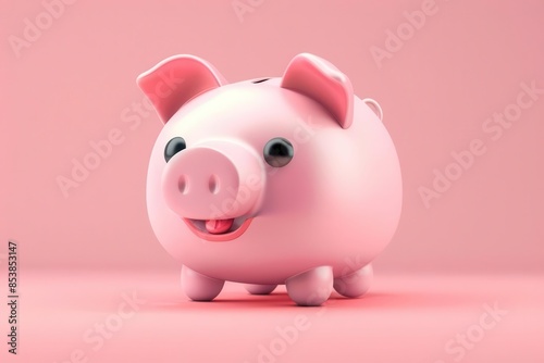 cute pink piggy bank with shiny coin 3d render in plastic cartoon style digital illustration