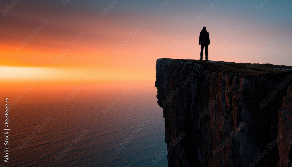 A man stands on a cliff overlooking the ocean A man stands on a cliff overlooking the ocean