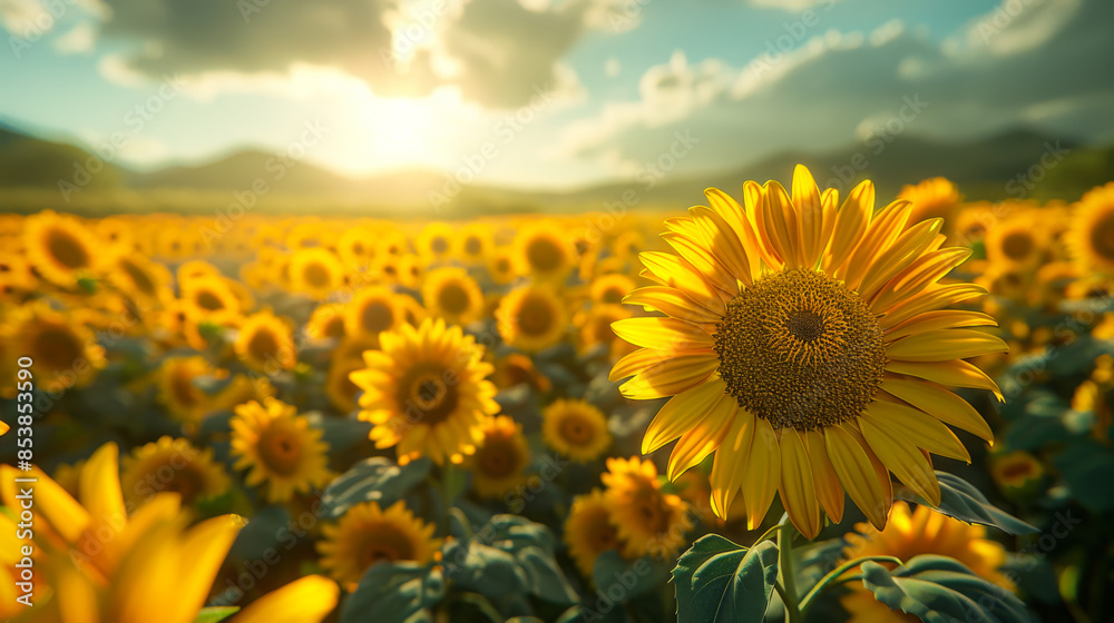 Fototapeta premium Field of ripe sunflowers on a sunset field. On a sunny day, sunflowers on an agricultural field. Agriculture and gardening concept. A bountiful harvest.