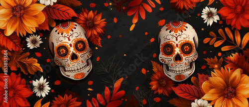 A black and orange background with two skulls and flowers. Day of the dead illustration. © Jun