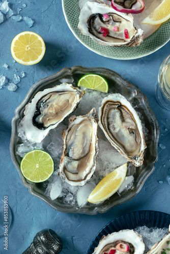 Oysters on a dish with ice, with lemon and lime, overhead flat lay shot on a blue slate background