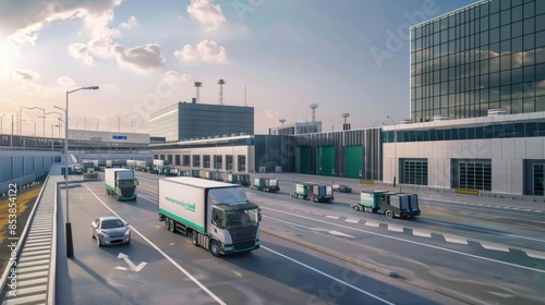 A smart city logistics hub with autonomous delivery vehicles and real-time tracking, photorealistic, in an industrial area, emphasizing efficient supply chains photo