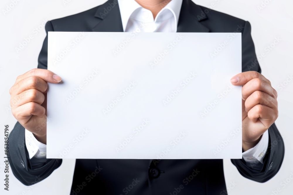 Businessperson in a suit holding a blank white sign or paper. Concept for communication, message, advertisement, or business presentation. Businessperson in a suit holding a blank white sign or paper. Concept for communication, message, advertisement, or business presentation.