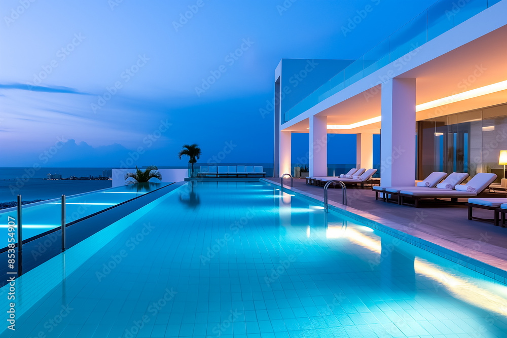Obraz premium Modern swimming pool illuminated with ambient underwater lighting at dusk 