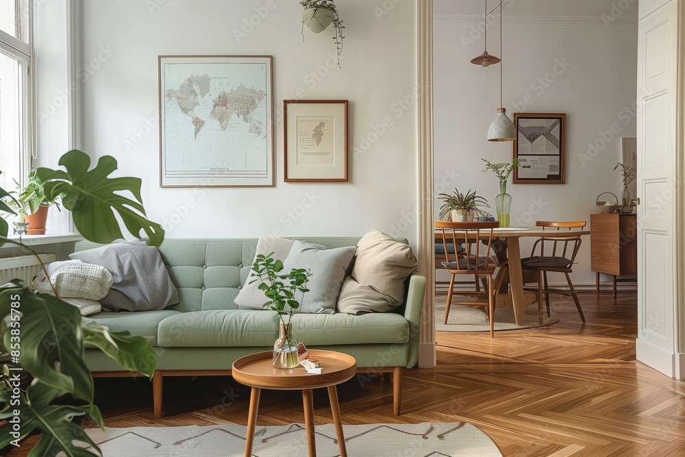An interior design in Scandinavian style, with wooden parquet floor and white walls An interior design in Scandinavian style, with wooden parquet floor and white walls