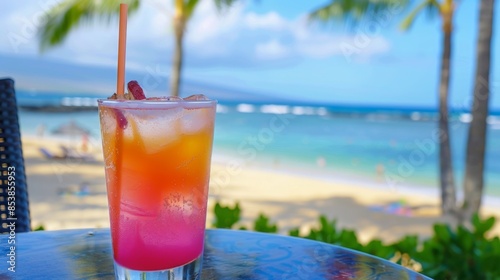 colorful pink and orange cocktail over a table in a beach bar in Hawaii