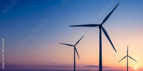 Wind turbines standing tall against a coastal sunset backdrop 
