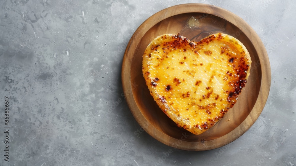 Heart-shaped Creme Brulee Dessert on Wooden Plate, Generative AI Heart-shaped Creme Brulee Dessert on Wooden Plate, Generative AI