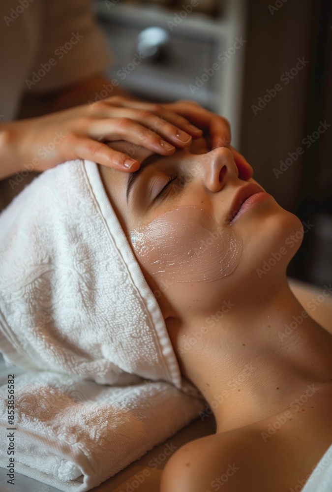Photo of a woman lying on a massage table, a white towel wrapped around her head and shoulders, spa staff applying oil to her face with his hands in closeup, Photo of a woman lying on a massage table, a white towel wrapped around her head and shoulders, spa staff applying oil to her face with his hands in closeup,