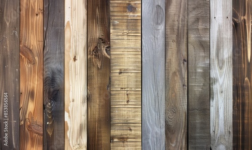 Closeup of various wooden planks in different colors and textures, perfect for backgrounds, design, or carpentry projects.