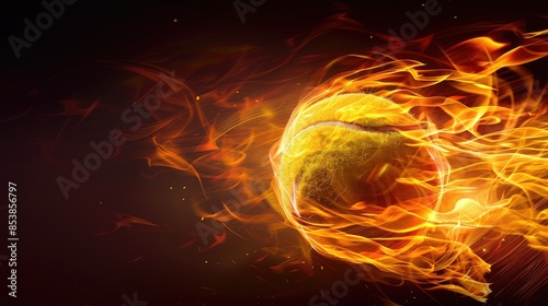 Dynamic fiery tennis ball in motion with burning flames symbolizing speed, power, and intensity in sports, against dark background. © Autaporn