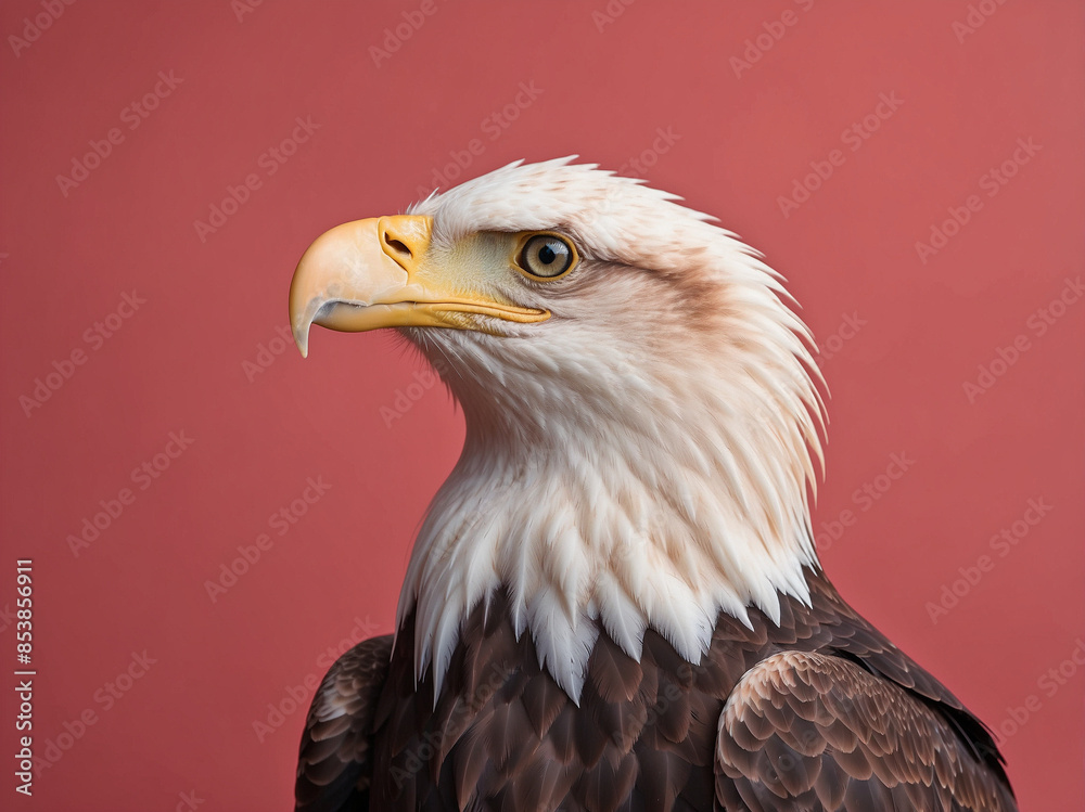Obraz premium Majestic Bald Eagle on Pastel Red Background with Copy Space