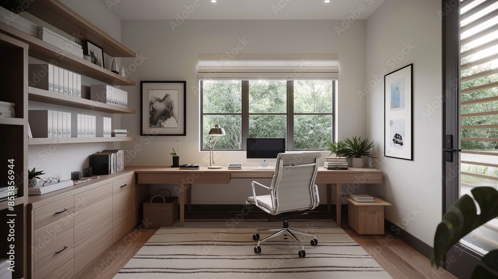Fototapeta premium Modern home office interior with wooden furniture, large window, bookshelves, and a comfortable chair, offering a bright and organized workspace.