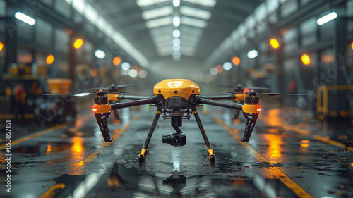 tethered drone in a big warehouse, high sharpness,generative ai photo