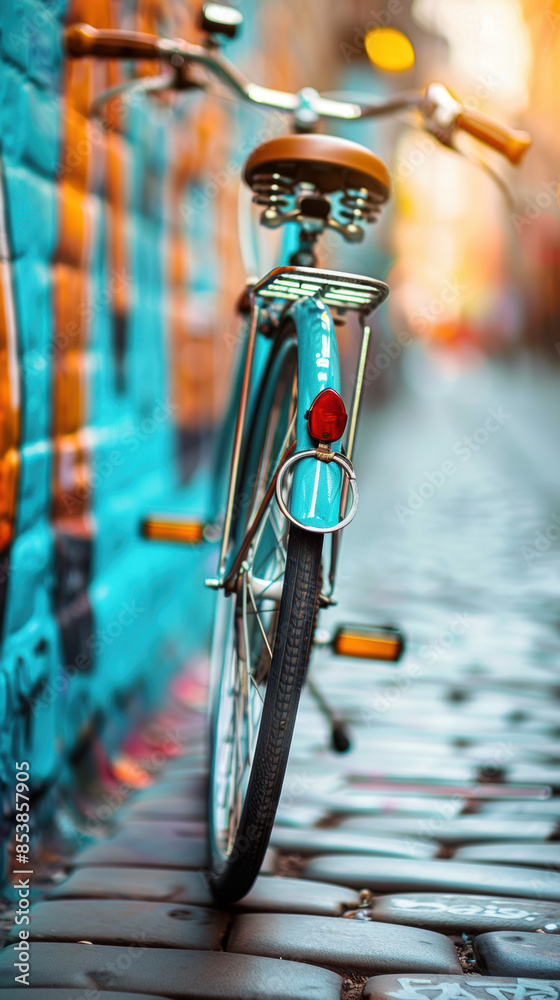 A blue bicycle with a red tail light is leaning against a wall A blue bicycle with a red tail light is leaning against a wall