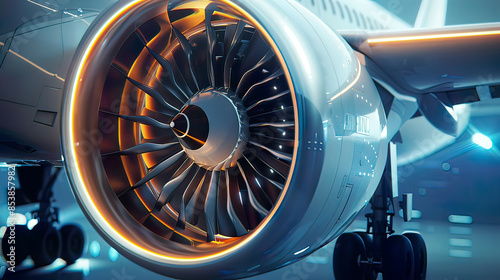 Hyper-realistic image of an airplane engine detailed view of turbine blades and engine components modern aviation 