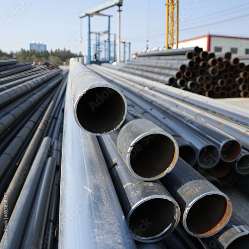 Industrial stack of metal pipes at a construction site, ready for installation under a clear blue sky.